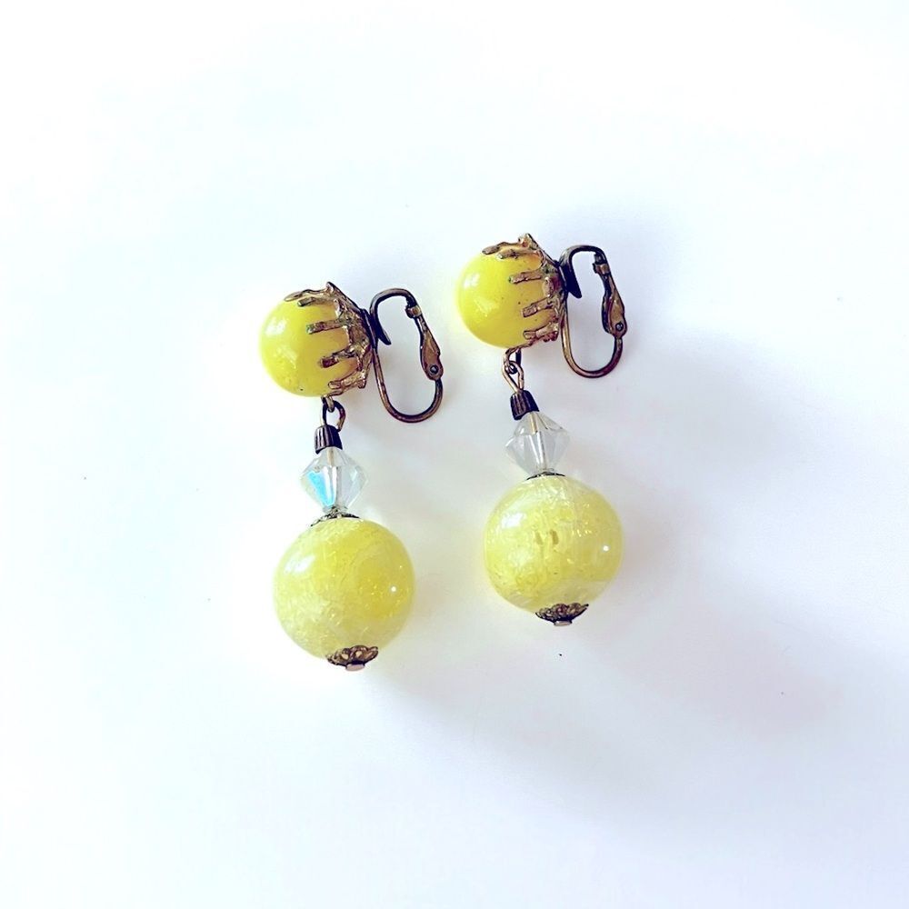 Vintage Yellow Lucite Drop Bead Clip Earrings